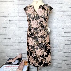 Adrianna Papell Black and Pink Floral Midi Dress